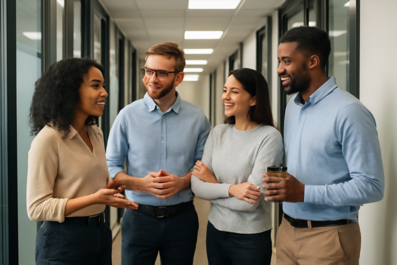 employes discutant dans un couloir de bureau