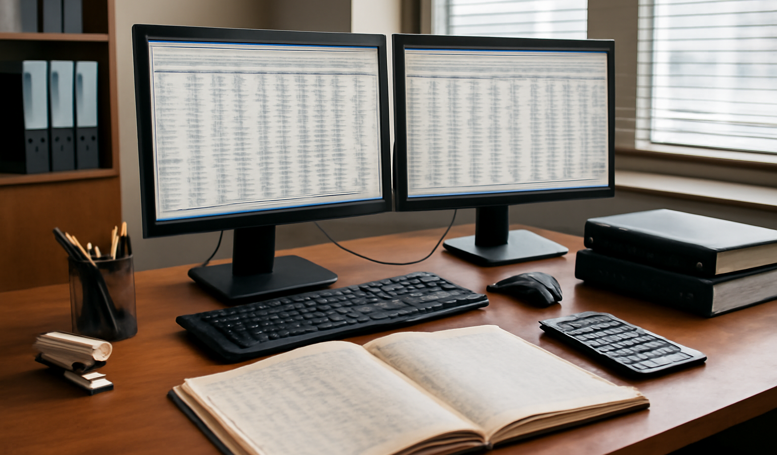 bureau comptable avec ecrans et registres