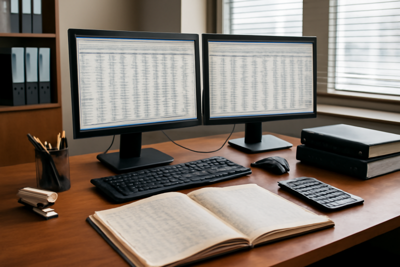 bureau comptable avec ecrans et registres