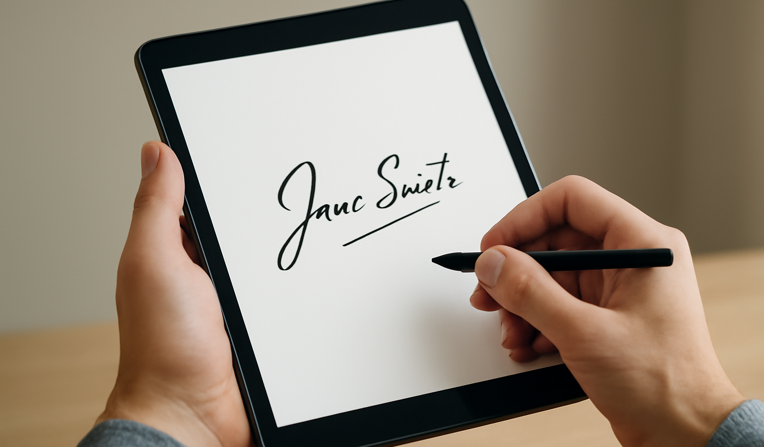 main tenant une tablette avec signature numérique