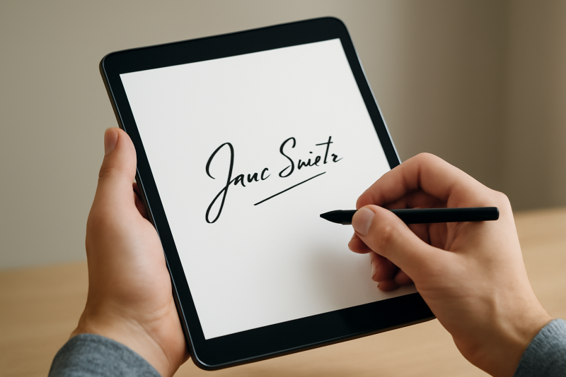 main tenant une tablette avec signature numérique