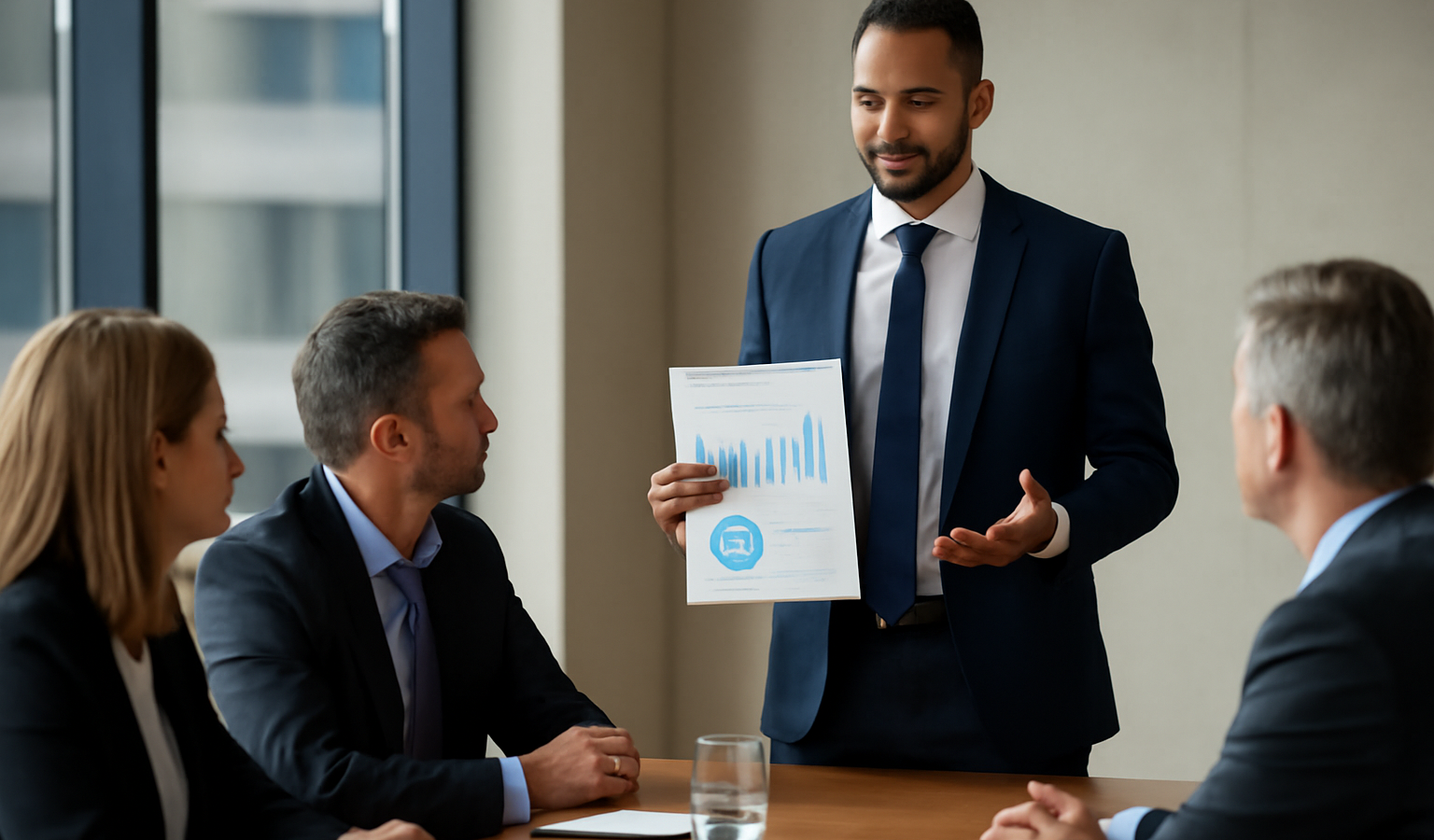 entrepreneur présentant dossier à investisseurs en réunion