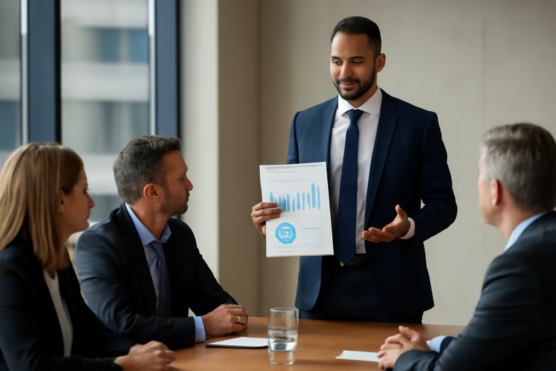 entrepreneur présentant dossier à investisseurs en réunion