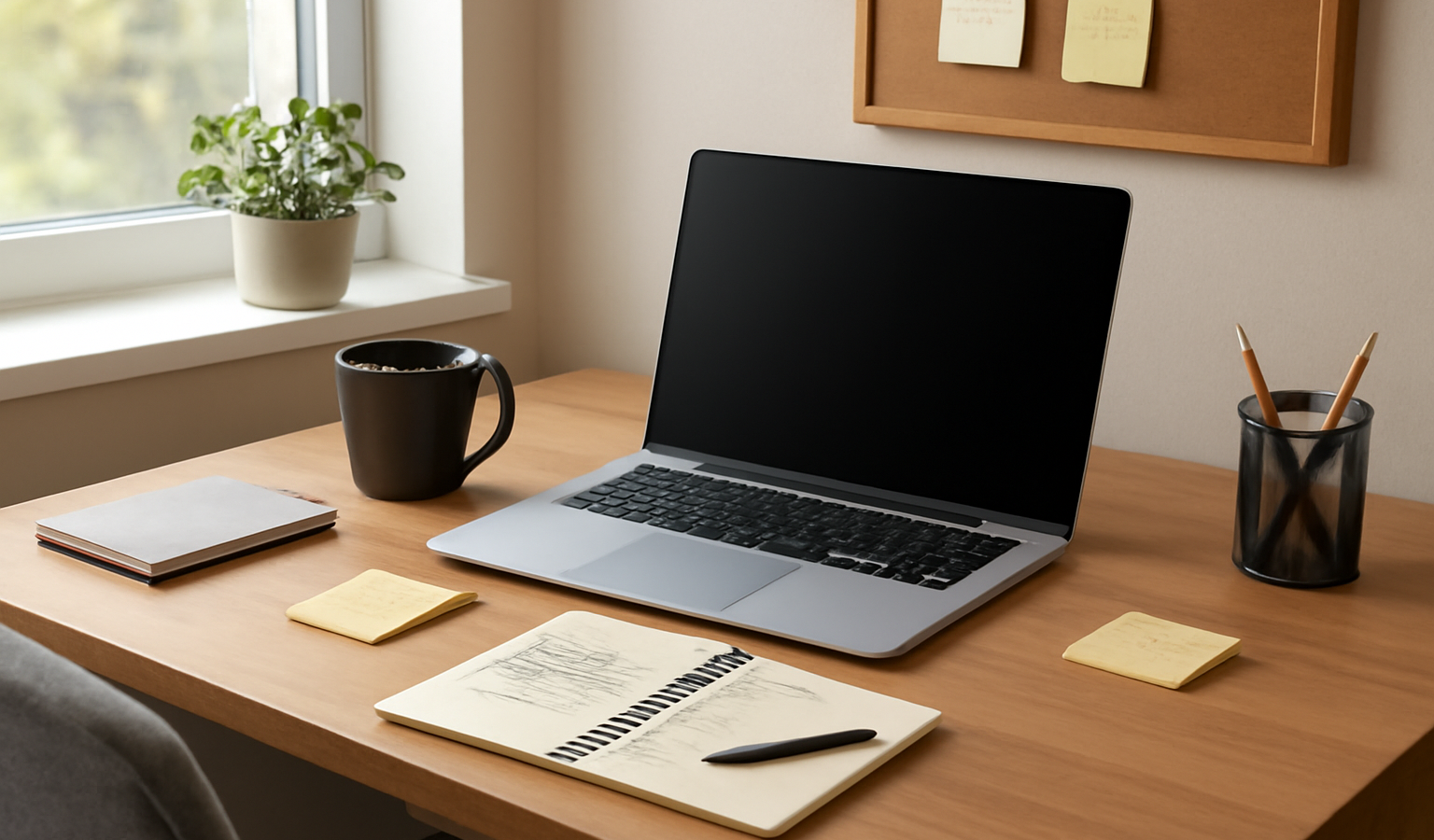 bureau à domicile avec ordinateur et notes