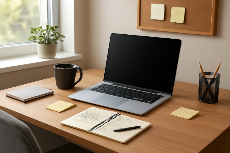 bureau à domicile avec ordinateur et notes