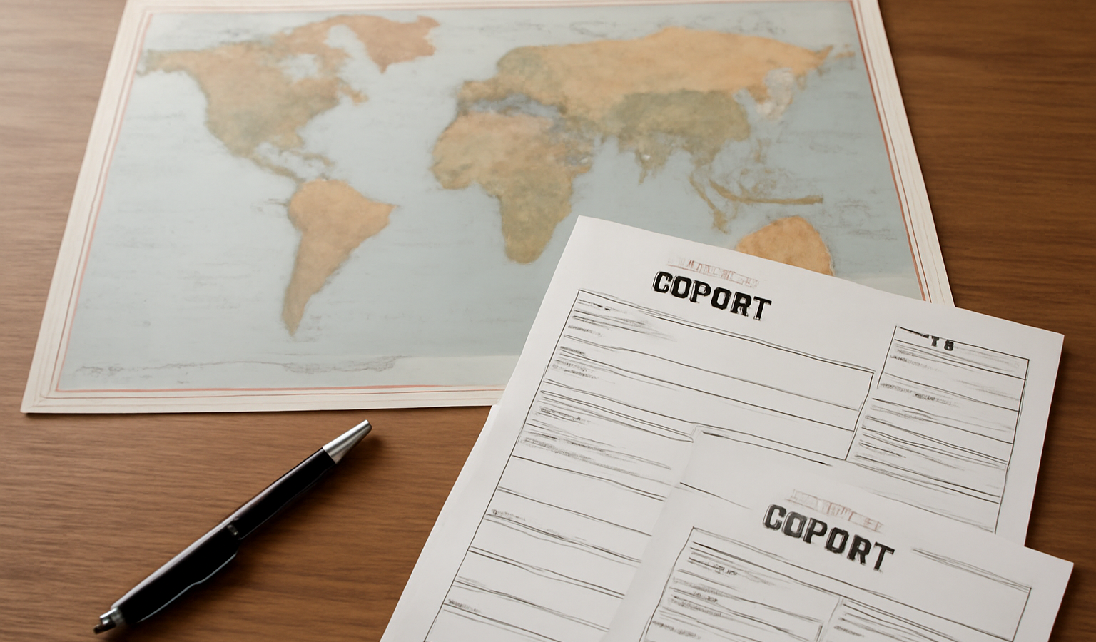 carte du monde et documents d'export sur table