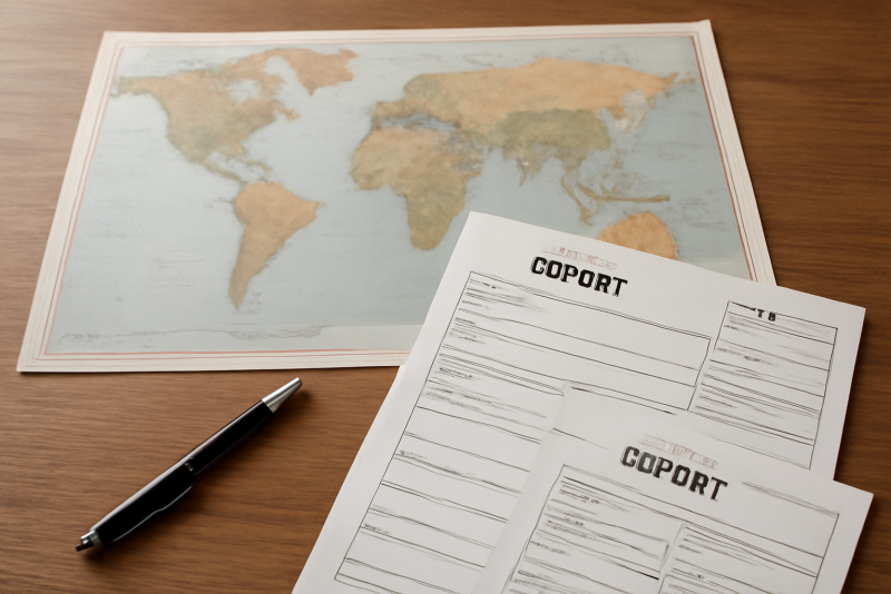 carte du monde et documents d'export sur table