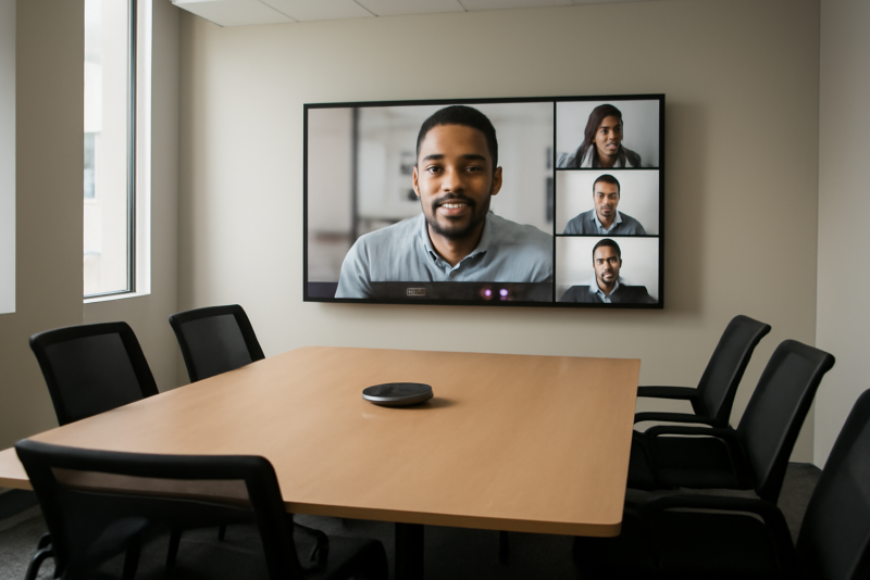 salle de réunion avec écran partagé pour visioconférence